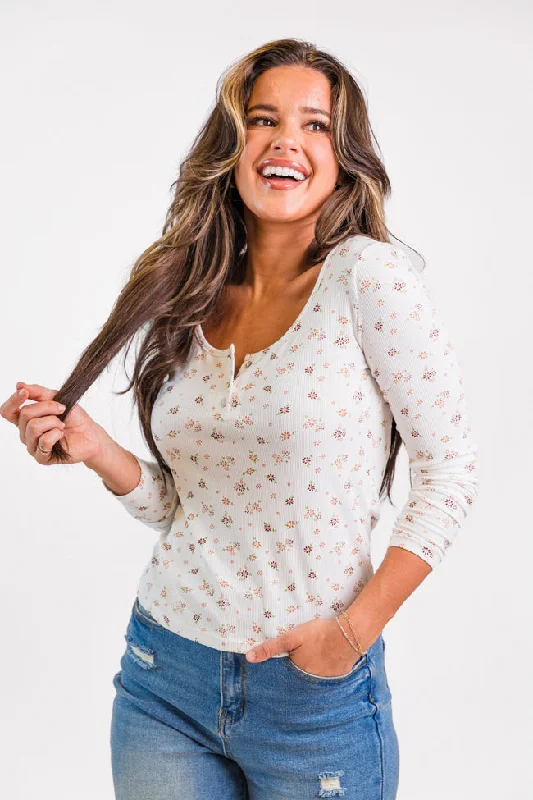 women's tops for those who love to shop for unique findsBest In Bloom Ivory Ribbed Floral Henley Top FINAL SALE