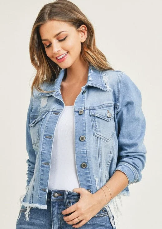 women's tops with bell sleevesRisen Light Wash Destructed Frayed Hem Denim Jacket