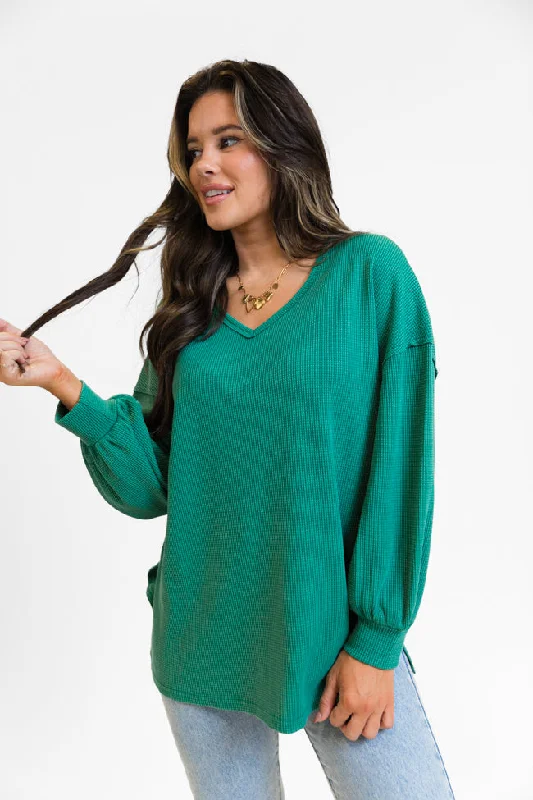 women's tops for those who want to add a personal touch to their wardrobe with unique and one-of-a-kind piecesSending Love Evergreen Oversized Waffle V-Neck Top FINAL SALE