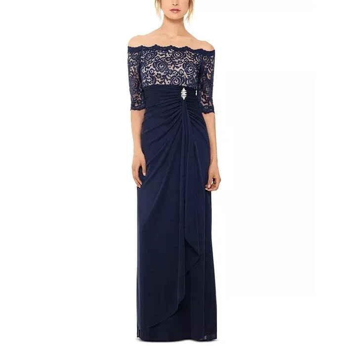 women's casual Friday dressesB & A By Betsy & Adam Women's Off The Shoulder Lace Gown Blue Size 14