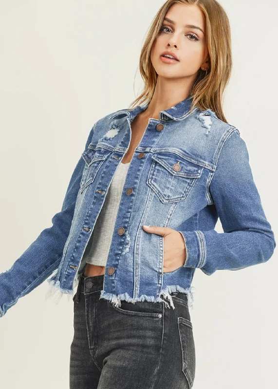 women's tops with flutter sleevesRisen Medium Wash Destructed Frayed Hem Denim Jacket