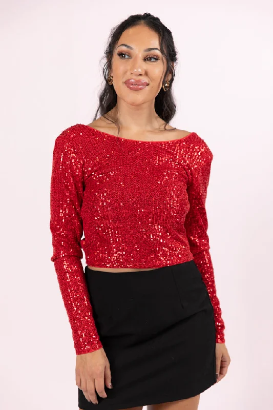 women's tops for those who want to add a pop of color to their outfitsTidings To You Red Smocked Back Sequin Top FINAL SALE