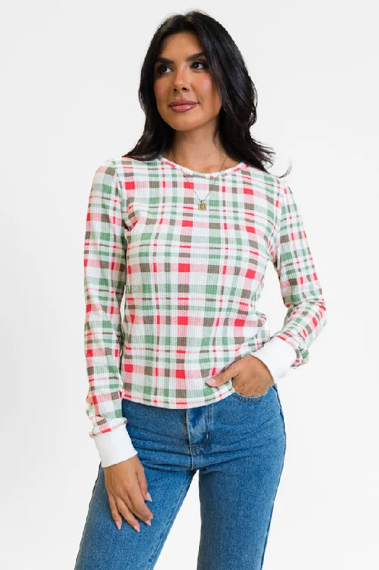 women's tops for those who want to stay warm and stylish during colder weatherLazy Plaid Ivory, Red, and Green Print Waffle Layering Top FINAL SALE