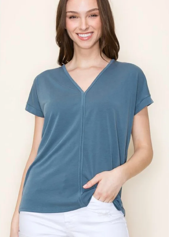 women's tops for minimalist aestheticsDusty Teal Knit Soft Top