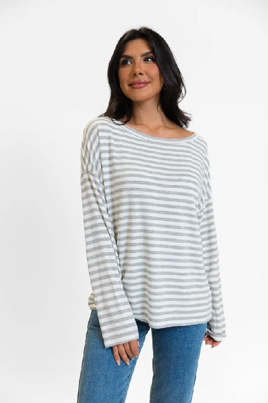 cozy women's tops for fall and winterBlizzard Bliss Grey Wide Neck Striped Knit Top FINAL SALE