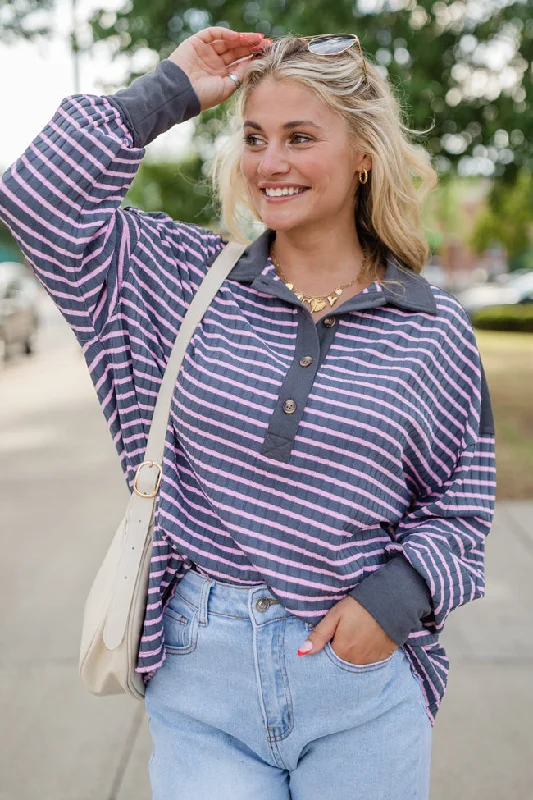 trendy women's topsThis Is The Life Navy and Pink Striped Collared Henley Oversized Knit Top