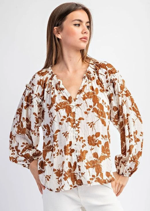 women's tops with sheer overlaysBrown Floral Crinkle Blouse