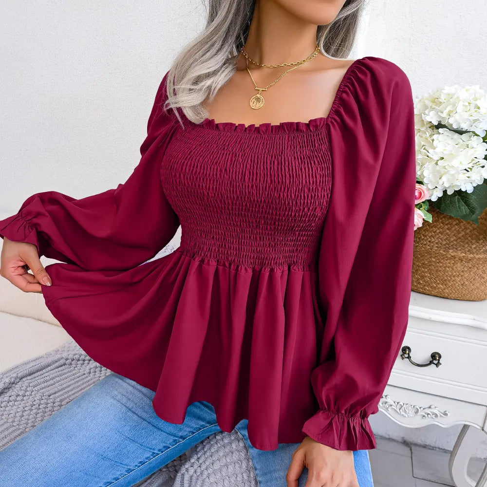 women's tops for those who want to elevate their everyday wear with chic and elegant piecesWomen's Square Collar Fashion Designer Ruffled Long-Sleeve Tops