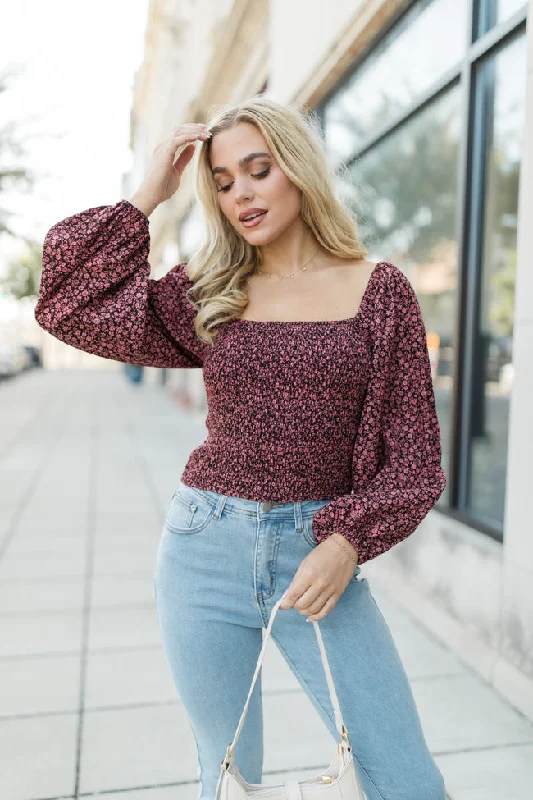 off-the-shoulder women's topsDay We Met Brown and Pink Smocked Square Neck Floral Top FINAL SALE