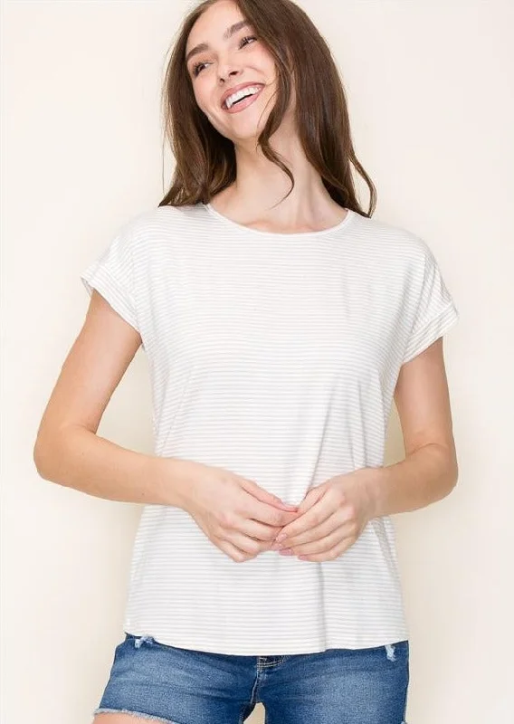 women's tops with cold-shoulder cuts and lace detailingTwisted Back Taupe Striped Tee