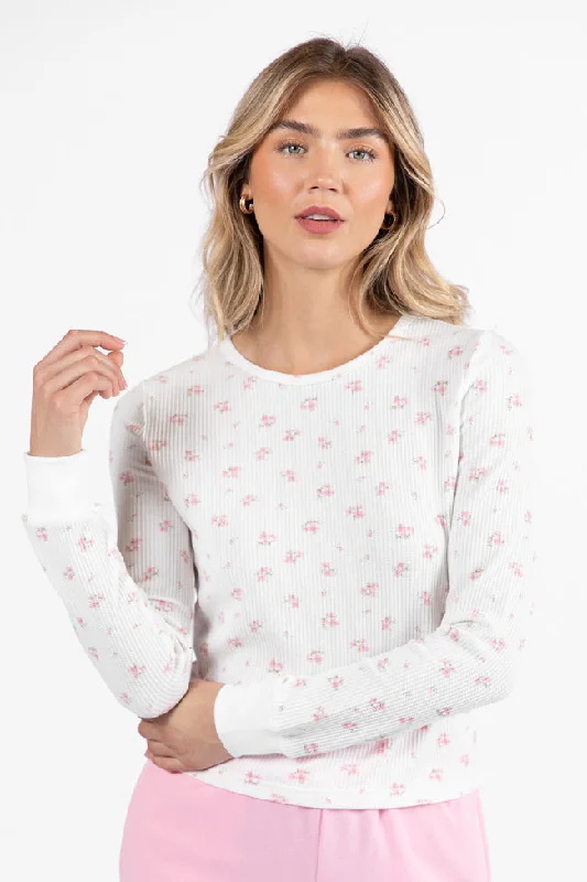 women's tops for those who believe in expressing their individuality through fashionLazy Floral Ivory and Pink Floral Print Waffle Layering Top FINAL SALE