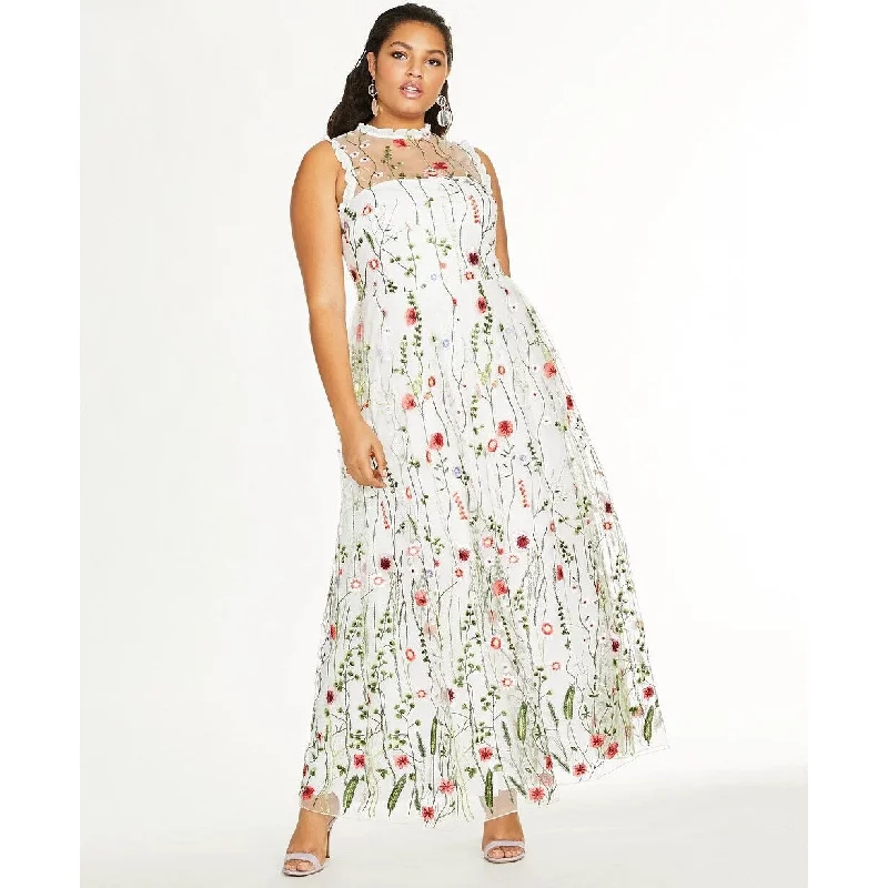 women's petite dressesCity Studios Women's Trendy Plus Size Embroidered Floral Gown White Size 20W