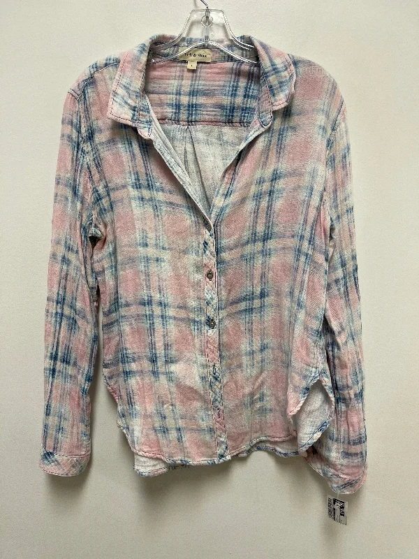 women's long sleeve tops with retro patternsBlue & Pink Top Long Sleeve Cloth & Stone, Size L