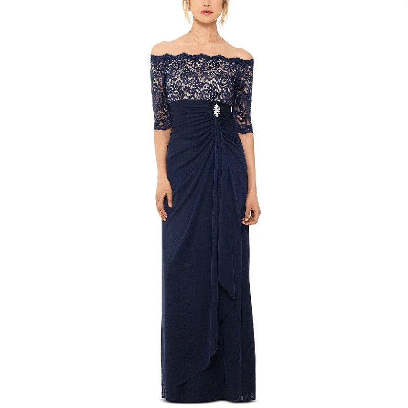 women's made-to-order dressesBetsy & Adam Women's Off-The-Shoulder Lace Gown Dark Blue Size 4