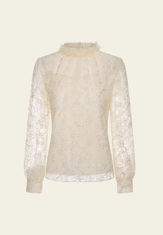 women's tops with beading accentsLurex-detail Ruffle-collar Puff-sleeve Lace Blouse