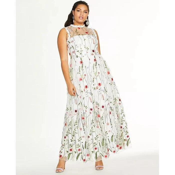 women's vintage dressesCity Studios Women's Trendy Embroidered Floral Gown White Size 18W