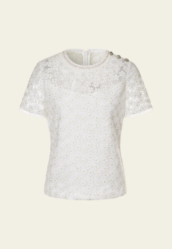 women's tops with lace-up frontsShoulder-buttoned Sakura-embroidered Mesh Top