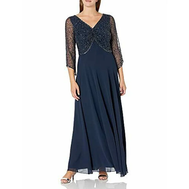 women's sustainable dressesJ Kara Women's Embellished 3/4-Sleeve Gown Blue Size 8