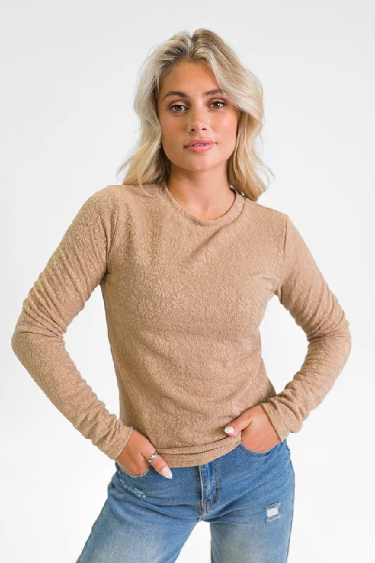 women's tops for those who want to elevate their everyday wear with chic and elegant piecesHigh Ambitions Brown Floral Textured Knit Fitted Top FINAL SALE