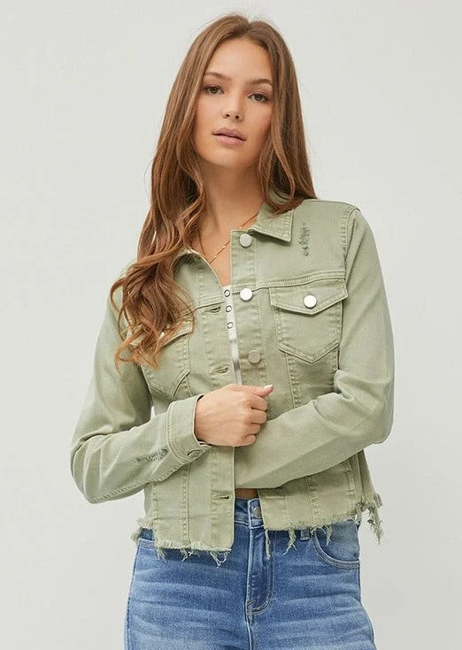 women's tops for those who want to wear pieces that are both comfortable and stylishOlive Irregular Frayed Hem Risen Jacket