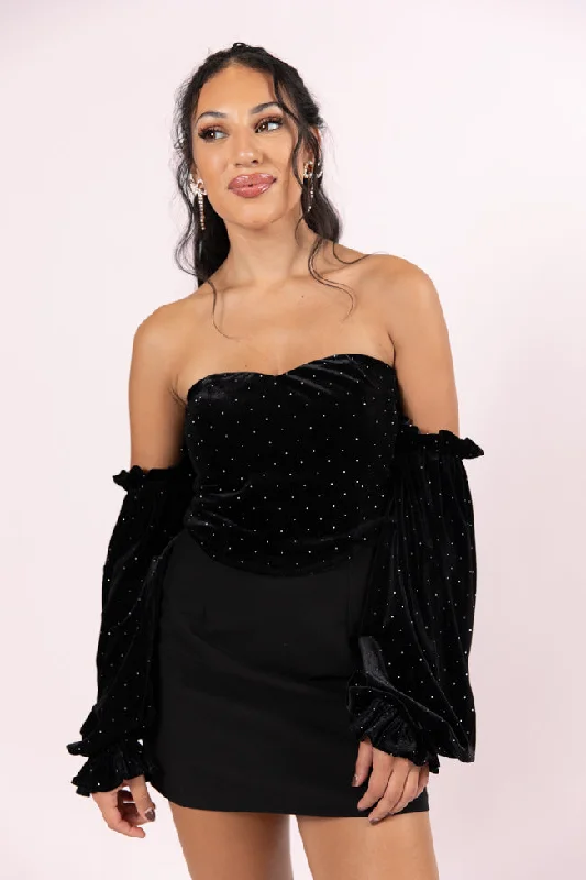 women's tops for those who seek both style and comfortBrightest Star Black Off The Shoulder Rhinestone Studded Velvet Top FINAL SALE