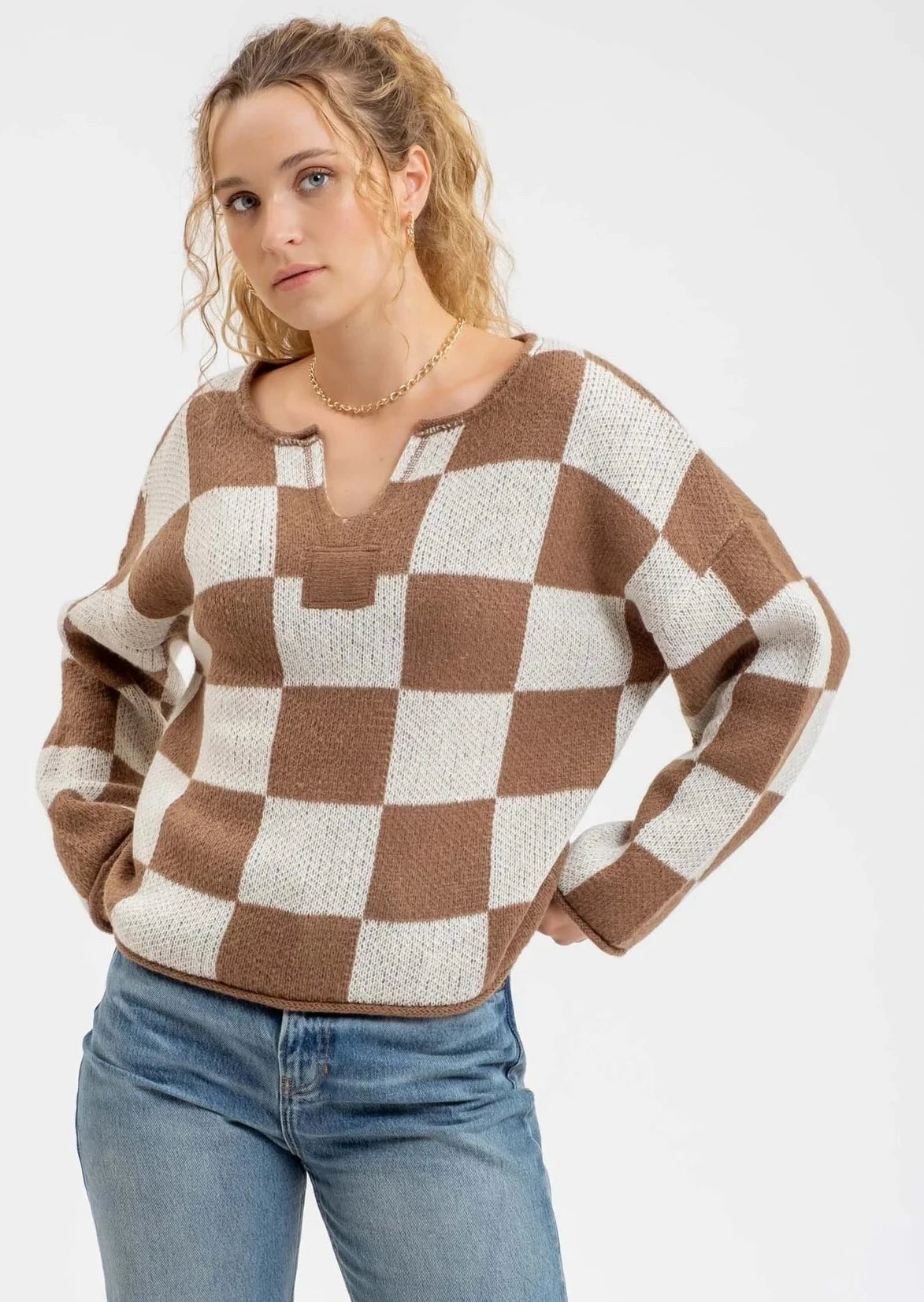 women's tops for glamorous eveningsMocha Checkered Split Neck Pullover - FINAL SALE