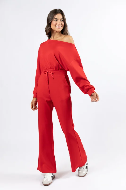 women's tops for relaxed weekendsWear It Out Red Boat Neck Jumpsuit