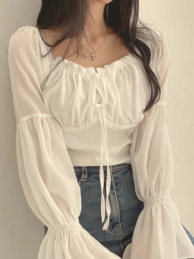 women's tops with ruffled hemsWomen's Drawstring Corset Fashion Designer Blouse Lantern Long-Sleeve Tops