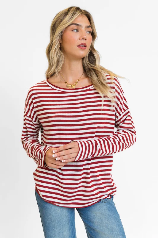 women's tops in solid colorsBlizzard Bliss Red Wide Neck Striped Knit Top FINAL SALE