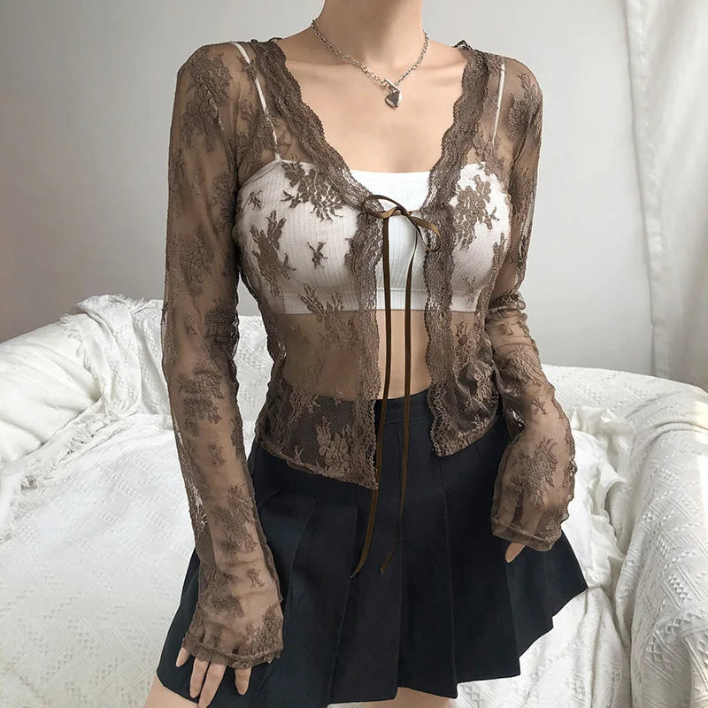 women's tops for those who want to add a touch of elegance and sophistication to their everyday wearWomen's V-Neck Lace Fashion Designer Transparent Blouse Long-Sleeve Tops