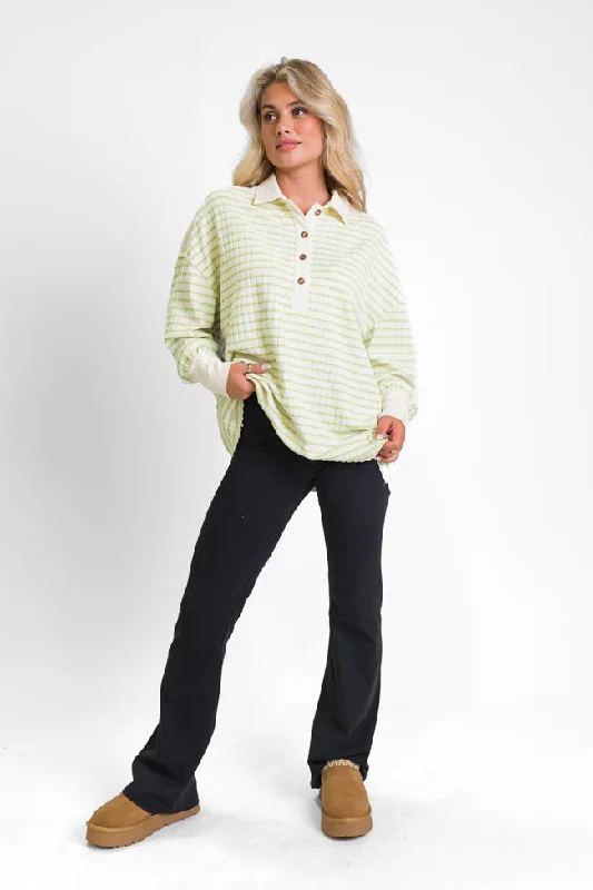 elegant women's topsThis Is The Life Lime Striped Collared Henley Oversized Knit Top FINAL SALE