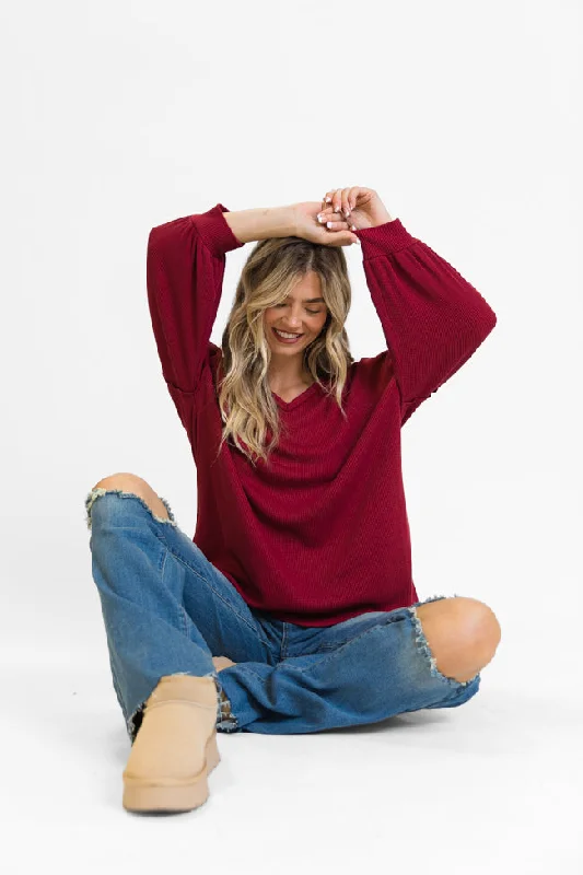 women's tops for those who want to create stylish and put-together outfits without spending a fortuneSending Love Burgundy Oversized Waffle V-Neck Top FINAL SALE