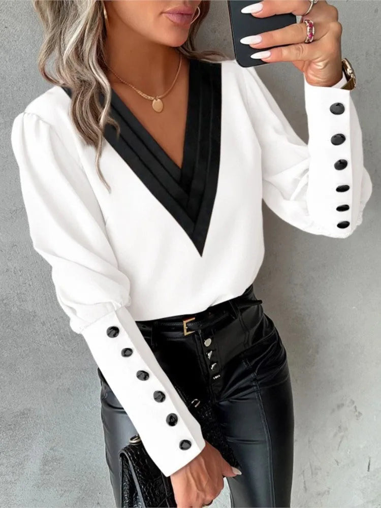 women's tops that offer a perfect blend of style, comfort, and affordabilityWomen's V-Neck Fashion Designer Button Sleeved Blouse Long-Sleeve Tops