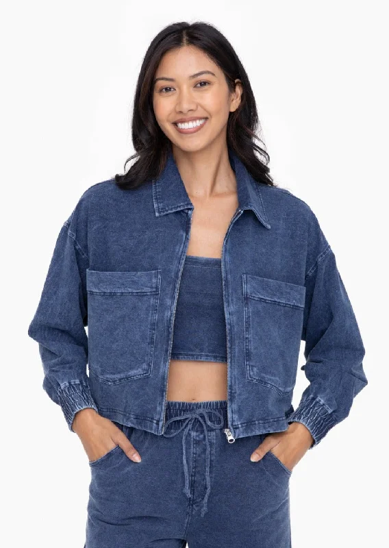 women's tops for those who want to add a touch of sophistication to their casual attireBlue Mineral Wash Stretch Boxy Jacket