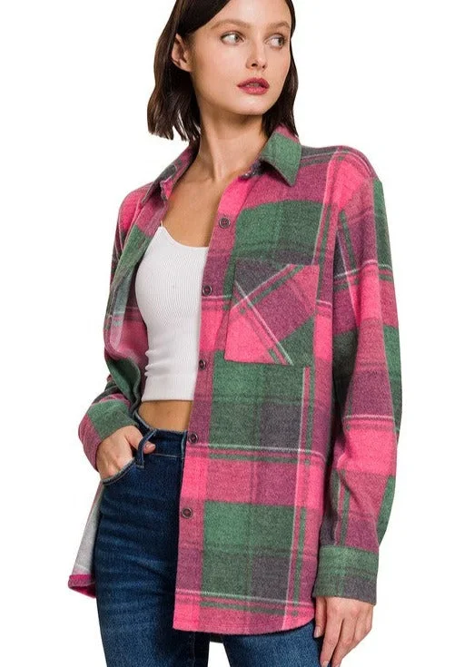 women's tops with unique designsHunter Green & Pink Super Soft Lightweight Shacket