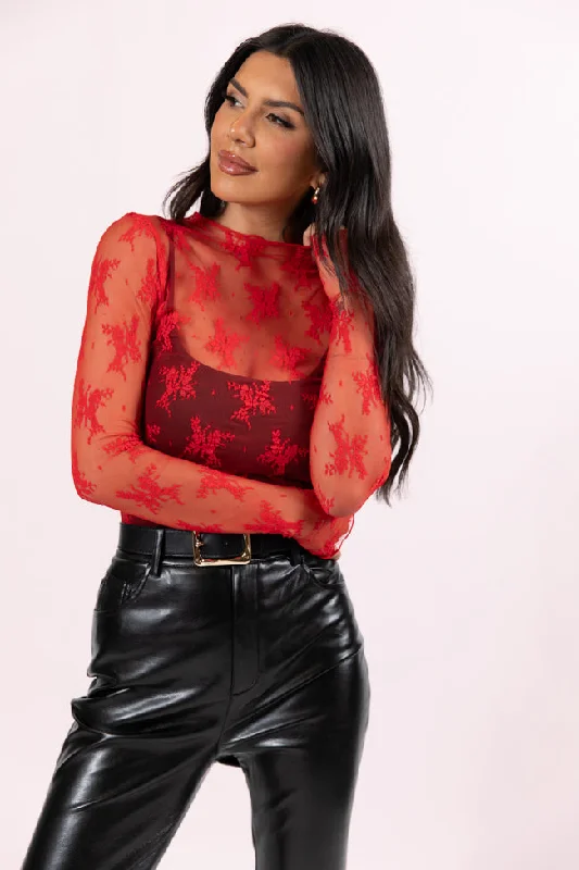 women's tops for those who love to dress up their casual looks with stylish topsSpeak Your Truth Red Mock Neck Lace Layering Blouse FINAL SALE