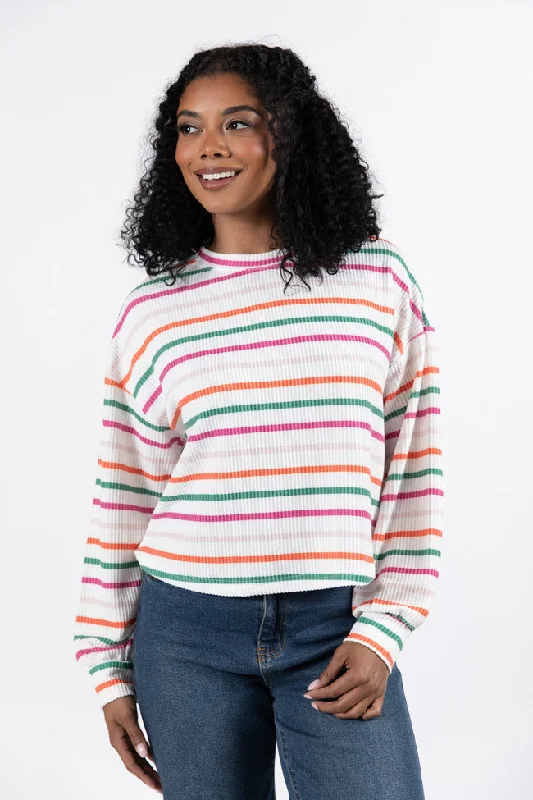 women's tops for those who want to wear versatile pieces that can be dressed up or downSweet Like Candy Ivory Multi Stripe Ribbed Printed Top FINAL SALE