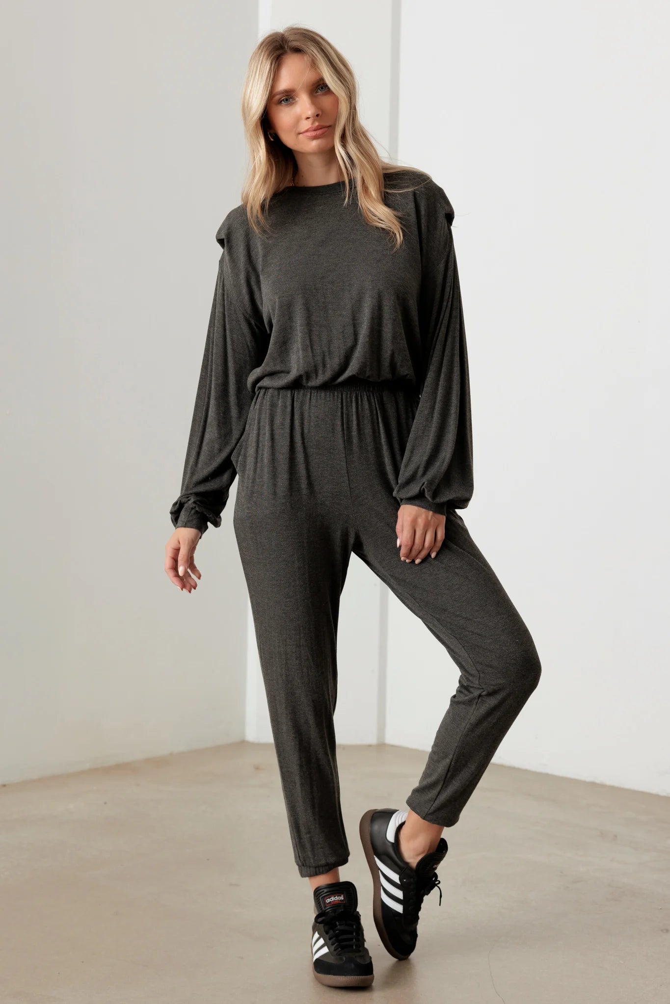 women's jumpsuits for wrinkle-resistant materialsLong Sleeve Shoulder Pad  Elastic Waist Jumpsuit