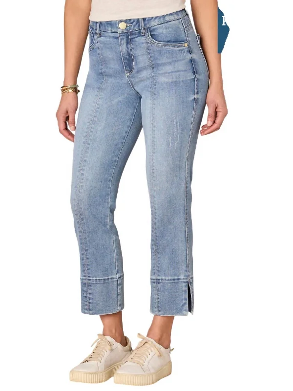 women's denim jeans with distressed back pockets"ab"solution High Rise Kick Flare Plus Size Jeans With Slit Hem In Light Blue