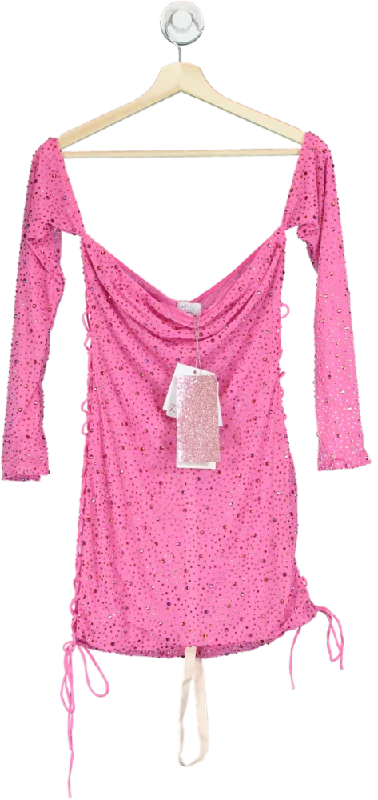 women's lace dressesOh Polly Embellished Lace-Up Off-Shoulder Mini Dress in Bubblegum Pink UK 10