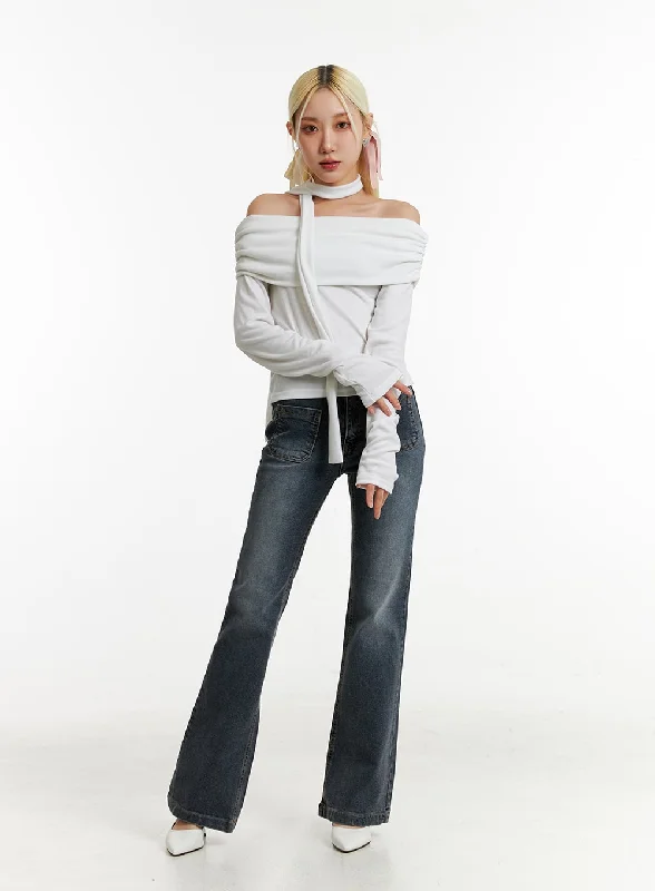 women's denim jeans with elastic waistbandsPocketed Bootcut Jeans ID315