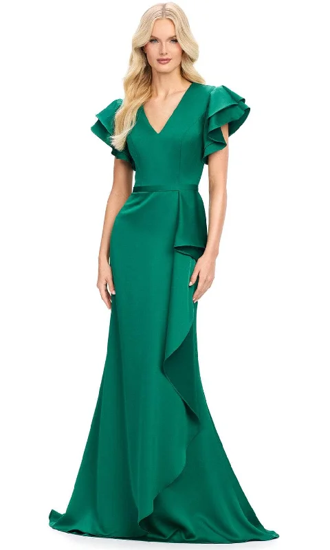 women's glam dressesAshley Lauren 11737 - Flutter Sleeve Ruffle Evening Gown