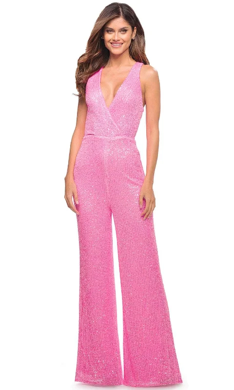 women's elegant jumpsuitsLa Femme 30811 - Sleeveless V- Neck Jumpsuit