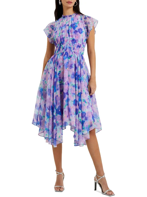 women's pear-shaped body dressesGretha Crinkle Womens Printed Handkerchief Hem Midi Dress