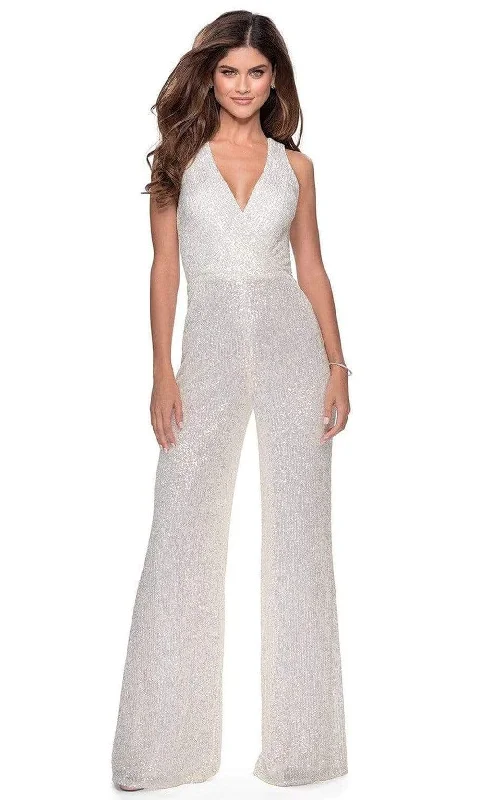 women's jumpsuits for beach outingsLa Femme - 28719 Sequined Plunging V-neck Jumpsuit