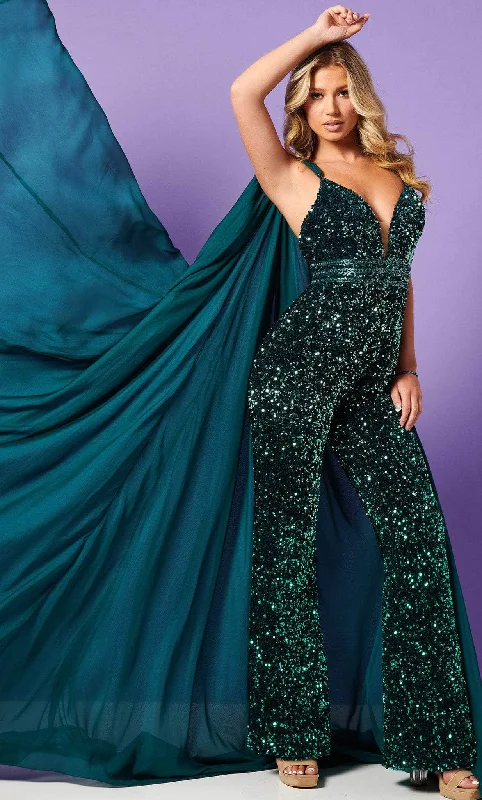 women's jumpsuits for fair-trade practicesRachel Allan 50202 - Sleeveless Sequin Jumpsuit With Cape