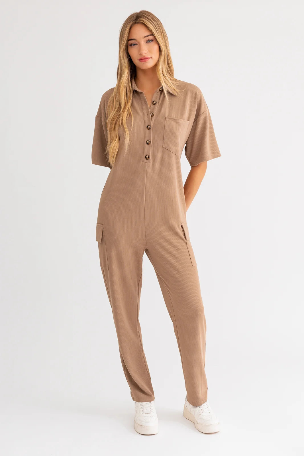 women's jumpsuits for sustainable fashionRibbed Short Sleeve Button Up Cargo Jumpsuit