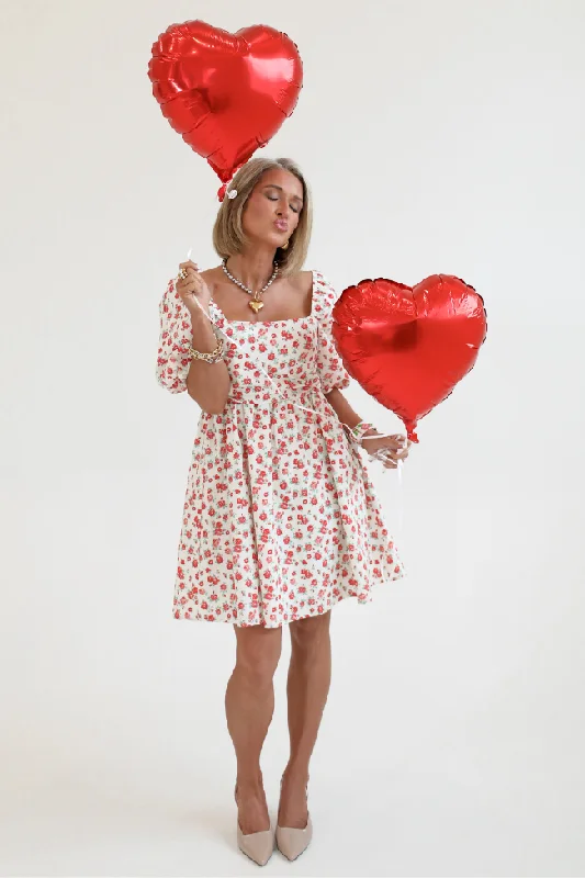 women's wrap dressesI'm Just A Girl Ivory and Red Rosette Printed Mini Dress Kalee Rogers X Pink Lily