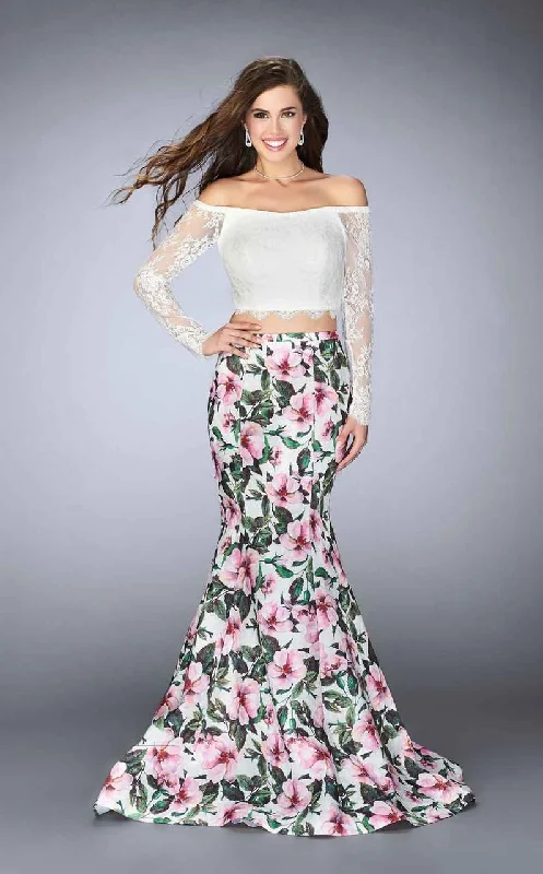 women's spaghetti strap dressesLa Femme - 24281 Intricate Lace Off-Shoulder Long Floral Evening Gown