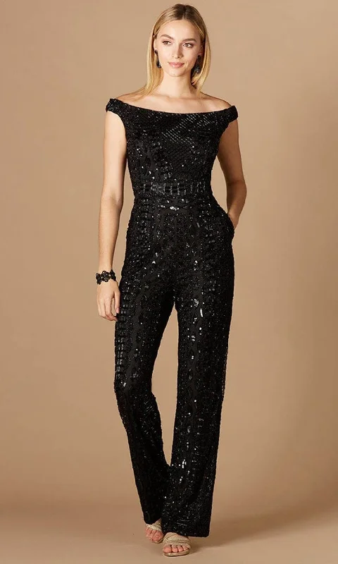 women's jumpsuits with metallic finishesLara Dresses 29323 - Glimmering Off Shoulder Jumpsuit